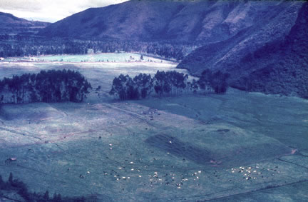 Large ramp mound at the Hacienda Zuleta. The base of the mound is 84 meters sq. and the ramp is 159 meters long. It appears that a circular mound, excavated in the center, was placed on top of the mound platform. Photo taken in 1973.