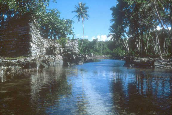 View of Nan Dauas islet, reserved for Saudeleur burials, with its graceful walls built of columnar basalt.